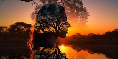 . . Double exposure photo realistic illustration. Romantic free soul lifestyle adventure vibe. Graphic Art