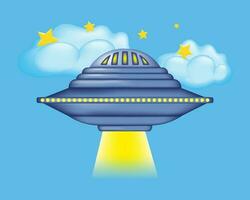 UFO on the background of clouds and stars 3d in cartoon style. A flying saucer with a yellow light takes off against the background of the starry sky. Alien spaceship. Vector illustration.