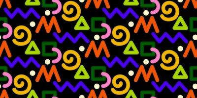 Bright seamless pattern with colorful squiggles and scribble on a black background in the style of 80-90s. Simple childish background. For fabric, wallpaper or packaging.Vector illustration. vector