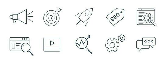 SEO and Development icon set. Search engine Optimization, business, marketing, target, ranking, contact, website, traffic line icon vector