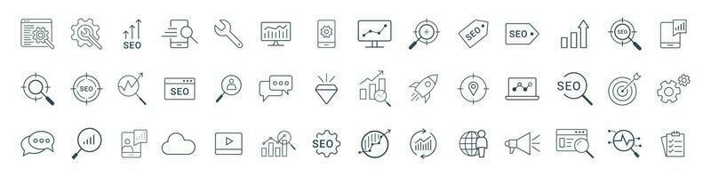 SEO and Development icon set. Search engine Optimization, business, marketing, target, ranking, contact, website, traffic line icon vector