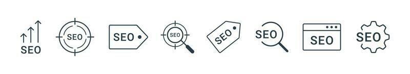 SEO icon set. Search Engine Optimization, business, marketing, target, ranking, traffic line icon vector