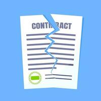 Contract cancellation business concept. Terminated tearing contract paper sheet breach flat style design vector illustration isolated on white background.