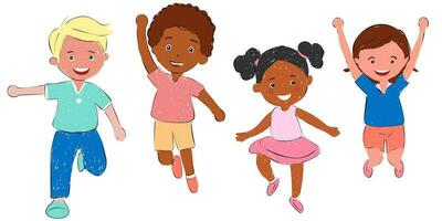 Set bundle collection group of 4 four happy children, kids in different poses, dressed in casual outfit clothes. Dancing, jumping boy, girl, children. Creative kids. Dancing studio vector