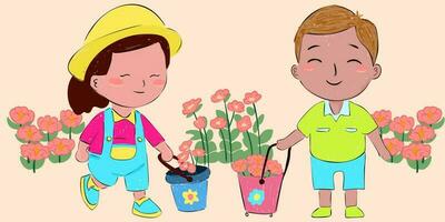 happy cute kid boy and girl pull wagon with rose flower vector illustration for earth global warming issue poster