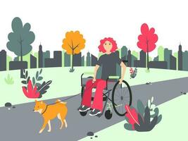 Vector illustration with a woman who uses a wheelchair walking a dog. Wheelchair user with a dog in the park.