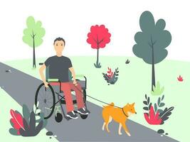 Vector illustration with a man who uses a wheelchair walking a dog. Wheelchair user with a dog.