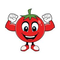 sonriente tomate Fruta dibujos animados mascota mascota con músculo brazos. vector ilustración de rojo tomate personaje con varios linda expresión