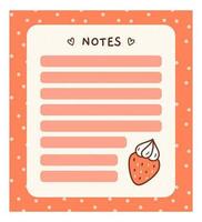 Cute to do list template with a strawberry. Kawaii design of daily planner, schedule or checklist. Perfect for planning, memo, notes and self-organization. Vector hand-drawn illustration.