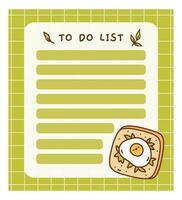 Cute to do list template with fried eggs. Kawaii and funny design of daily planner, schedule or checklist. Perfect for planning, memo, notes and self-organization. Vector hand-drawn illustration.