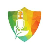 Podcast leaf nature ecology vector logo design. Podcast talk show logo with mic and leaves.