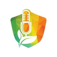 Podcast leaf nature ecology vector logo design. Podcast talk show logo with mic and leaves.