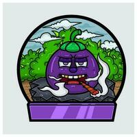 Cartoon Mascot of Mangosteen Character  Do Smoking In Jungle. Blank Sign and Circle Logo. vector