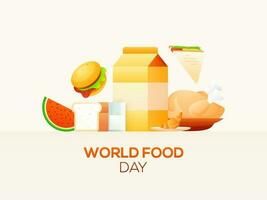 World Food Day concept based poster design with food elements like as burger, sandwich, watermelon, chicken, bread, croissant and package on white background. vector
