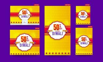 Diwali Sale poster and template design collection with discount offer and megaphone on yellow and red background. vector