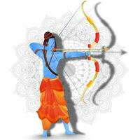 Illustration of Lord Rama taking aim with bow on mandala pattern background. vector