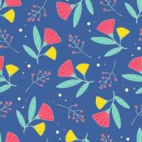 Seamless Flower with Bud and Leaves Decorated on Blue Background. vector