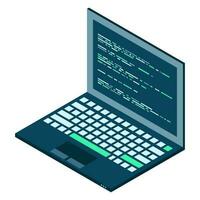 Isometric Laptop. 3d isometric laptop computer. Abstract programming language and program code on a laptop screen. Vector illustration