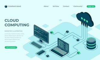 Cloud computing isometric landing page. Cloud storage server. Cloud computing online database technology. Vector illustration