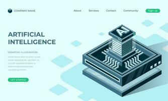 Artificial intelligence isometric landing page. Artificial intelligence chip. Machine learning technology. Vector illustration