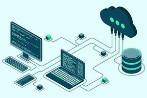 Cloud technology computing concept. Modern cloud technology. Data center isometric concept. Isometric cloud technology with datacenter. Web hosting concept. Vector illustration