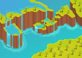 Isometric mountain with waterfall vector