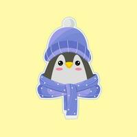 linda pingüino en sombrero con bufanda en amarillo antecedentes. vector