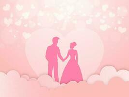 hermosa amor saludo tarjeta diseño, silueta de romántico Pareja personaje en rosado papel cortar nublado y corazones antecedentes. vector