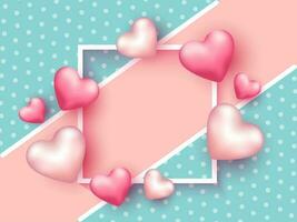 Glossy Pink Hearts Decorated Empty Square Frame on Turquoise Polka Dots Background. vector