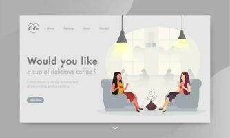 Responsive web banner or landing page design, illustration of women sitting on sofa with drinking coffee. vector