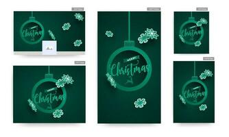 Set of poster and template design with Merry Christmas text in hanging baubles shape frame and 3d paper snowflakes decorated on green background. vector