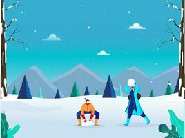 sin rostro hombre y mujer personaje disfrutando invierno temporada en Nevado naturaleza paisaje antecedentes. vector