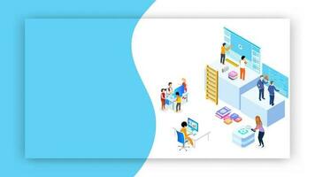 Miniature web developers maintaining the website or analysts analysis data on abstract background for Teamwork concept based isometric design. vector