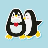 Kissing Penguin With A Heart Over Blue Background In Sticker Style. vector