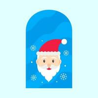 Cartoon Santa with Snowfall At Window Against Blue Background. vector