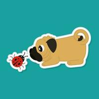 Sticker Style Cute Ladybug With Bulldog On Teal Background. vector