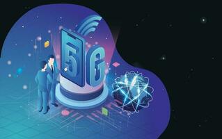 isométrica ilustración de un ingeniero o desarrollador establecer inalámbrico 5g red para Internet red conectividad concepto. 3d sensible aterrizaje página diseño. vector