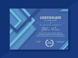 Certificate Of Appreciation Template Design in Blue Color. vector