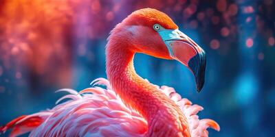 AI Generated. AI Generative.  Pink color cute flamingo bird. Vacation rest party vibe.Graphic Art photo