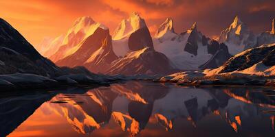 . . Beautiful illustratration photo or mountain lake sunset. Adventure calm vibe. Graphic Art