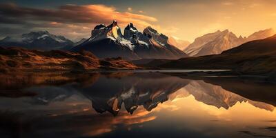 ai generado. ai generativo. hermosa ilustracion foto o montaña lago puesta de sol. aventuras calma onda. gráfico Arte