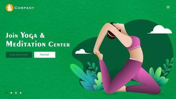 Join Yoga and Meditation Center landing page design with woman doing exercise in pirai asana pose on nature view and green paper texture background. vector