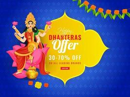Sale banner or poster design with discount offer and illustration of Goddess Lakshmi Maa on blue background for Happy Dhanteras celebration concept. vector