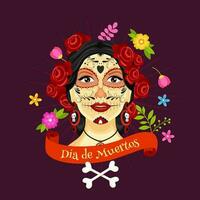 Illustration of catrina face decorated with flowers and crossbones on purple tays background for Dia De Muertos celebration concept. vector