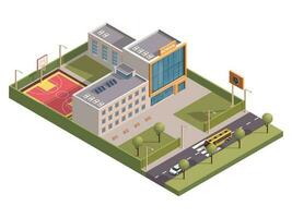 3D isometric of school building with clock board and basketball ground along vehicle street background. vector