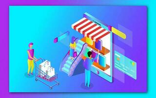 3D view of Online users shopping by mobile bookstore with payment card and trolley on glossy background. Responsive web banner or poster design. vector