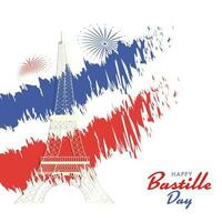 Line Art Eiffel Tower Monument with Fireworks, Red and Blue Paint Brush Effect on White Background for Happy Bastille Day. vector