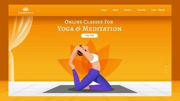 Online Classes for Yoga and Meditation landing page design with faceless woman doing exercise in pirai asana pose. vector