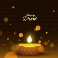 Happy Diwali greeting card design with illuminated oil lamp on brown bokeh background for celebration concept. vector