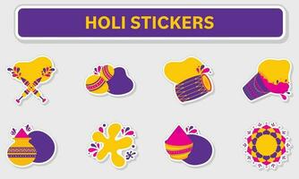 Yellow And Purple Holi Sticker Collection On Grey Background. vector